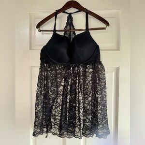 CACIQUE Black Lace Adjustable Straps w/Front Snap Babydoll Plunge Bra Size 42B